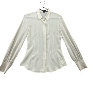 Theory Womens Beige 100% Silk Sheer Pintuck Pleated Button Down Blouse Size P